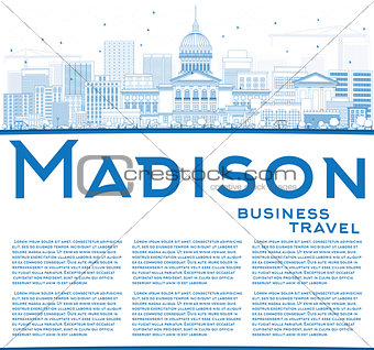 Outline Madison Skyline with Blue Buildings and Copy Space. 