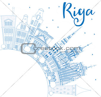 Outline Riga Skyline with Blue Landmarks and Copy Space. 