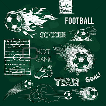Football elements and ball on green chalkboard