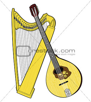 Irish National Musical Instruments. Celtic Harp and Bouzouki