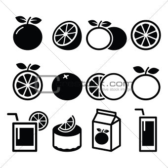 Orange icons set - food, nature concept vector designs