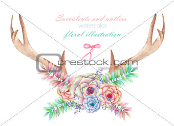A floral watercolor illustration with the antlers, entwined succulents, flowers, leaves and branches, for decoration
