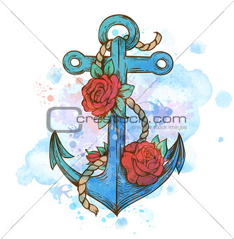 Vintage hand drawn anchor and red roses