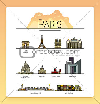 Vector line art Paris, France, travel landmarks and architecture icon set. The most popular tourist destinations, streets, cathedrals, buildings, symbols of the city