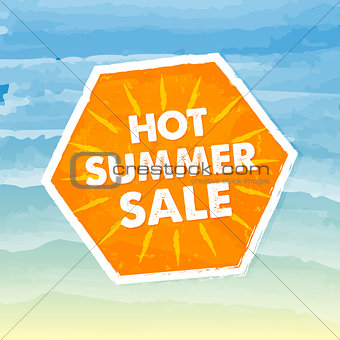 hot summer sale in orange label over sea background