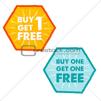 buy one get one free in grunge flat design hexagons labels