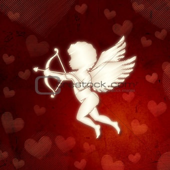 cupid silhouette with hearts over red old paper