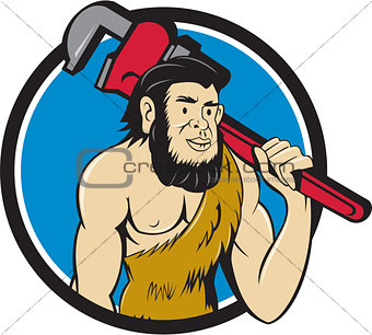 Neanderthal CaveMan Plumber Monkey Wrench Circle Cartoon