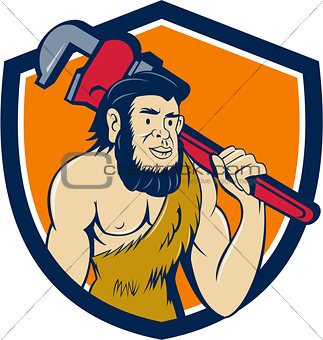 Neanderthal CaveMan Plumber Monkey Wrench Shield Cartoon