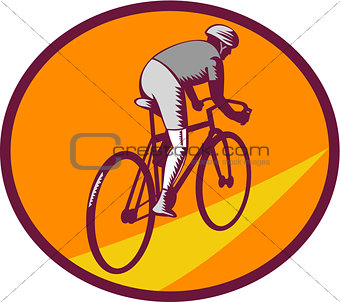 Cyclist Riding Bicycle Cycling Oval Woodcut