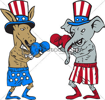 Democrat Donkey Boxer and Republican Elephant Mascot Cartoon
