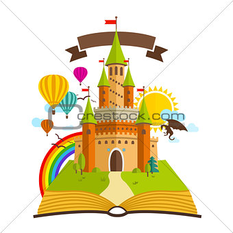 Fairy Tale castle. Vector Illustration with Book, Green Trees, dragon, sun, clouds, Baloons and Rainbow
