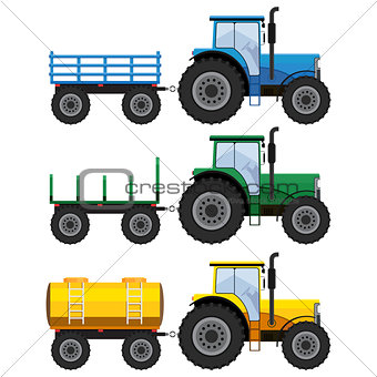Set of farm tractors with wagons.