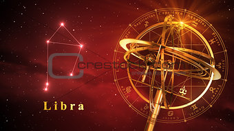 Armillary Sphere And Constellation Libra Over Red Background