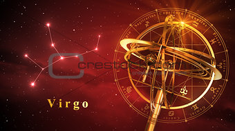 Armillary Sphere And Constellation Virgo Over Red Background