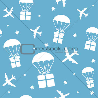Cartoon airplanes and parachutes with gift boxes