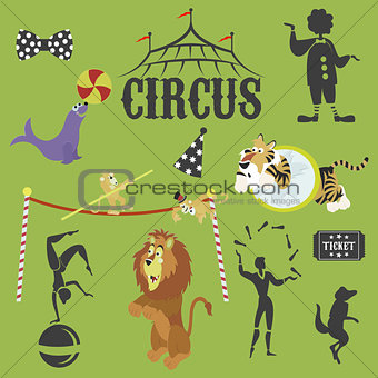 Circus performance decorative icons set with athlete animals magician