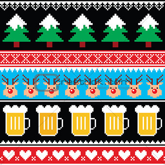 Christmas jumper or sweater seamless pattern with beer, reindeer and trees