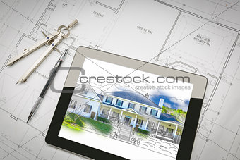 Computer Tablet Showing House Illustration On House Plans, Penci