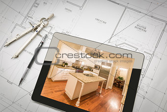 Computer Tablet Showing Finished Kitchen On House Plans, Pencil,