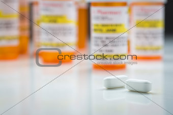 Medicine Bottles and Pills on Reflective Surface With Grey Backg