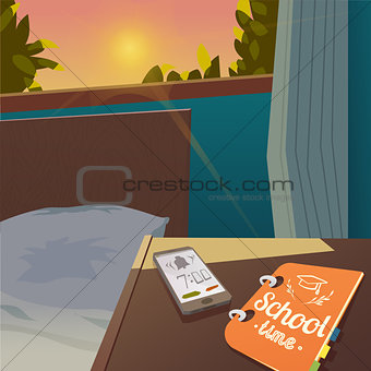 Welcome back to school sale background with alarm clock, vector illustration.