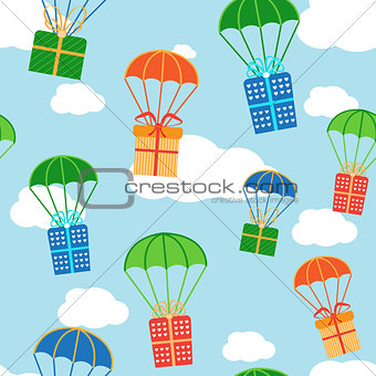 Cartoon colorful parachutes with gift boxes