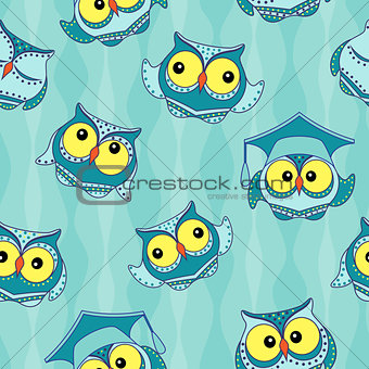 Amusing blue owls seamless pattern 