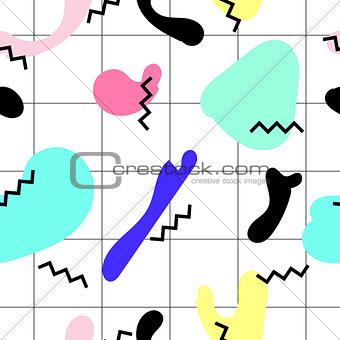 Vector seamless pattern with colorful spots. Memphis Style. Abstract 80s.