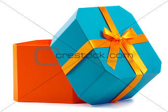 Open gift box with orange bow isolated on white
