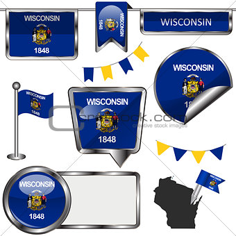 Glossy icons with flag of state Wisconsin