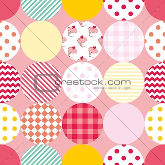 Tile patchwork vector pattern with polka dots on pink background