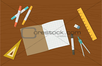 Concept of high school object and college education items with studying  educational elements. Top view  desk background. Flat icons vector collection.