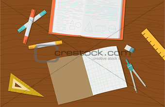 Concept of high school object and college education items with studying  educational elements. Top view  desk background. Flat icons vector collection.