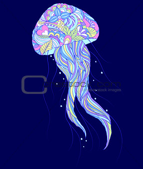 colorful jellyfish on blue background.