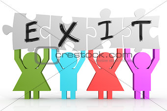 Four people hold puzzle with exit word.