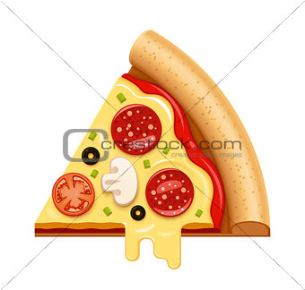 Vector hot pizza slice with sticky cheese and salami icon