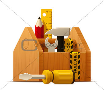 Vector wooden toolbox with tools icon