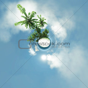 small planet, ocean, tropical island, palm trees 3D illustration