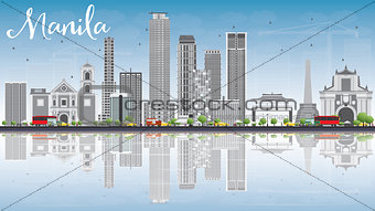 Manila Skyline with Gray Buildings, Blue Sky and Reflections.