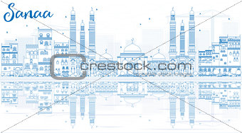 Outline Sanaa (Yemen) Skyline with Blue Buildings and Reflection