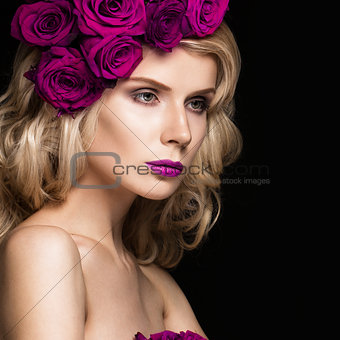 Beautiful blond girl in dress and hat with roses, classic makeup, curls, red lips. Beauty face.