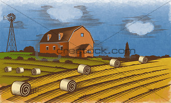 Farm landscape. Engraved Color Vector Illustration.