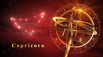 Armillary Sphere And Constellation Capricorn Over Red Background