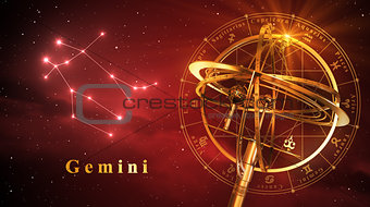 Armillary Sphere And Constellation Gemini Over Red Background