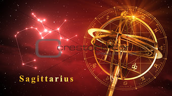 Armillary Sphere And Constellation Sagittarius Over Red Background