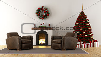 Classic christmas room with fireplace