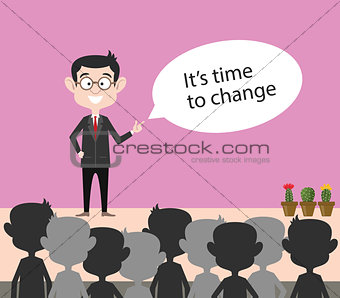 it's time to change quote businessman present on front of audience vector graphic