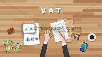 vat value added tax with businessman hand write a graph and text on work desk vector graphic