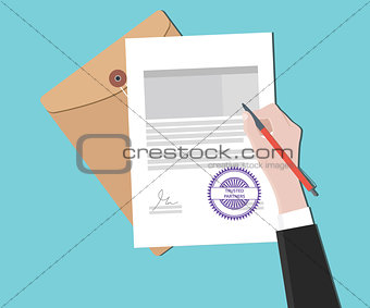 trusted partners concept with hand signing a paper document